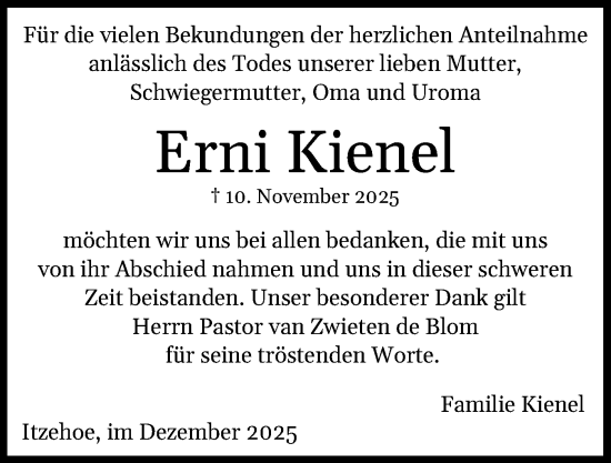 Traueranzeige von Erni Kienel von Norddeutsche Rundschau, Wilstersche Zeitung, Glückstädter Fortuna