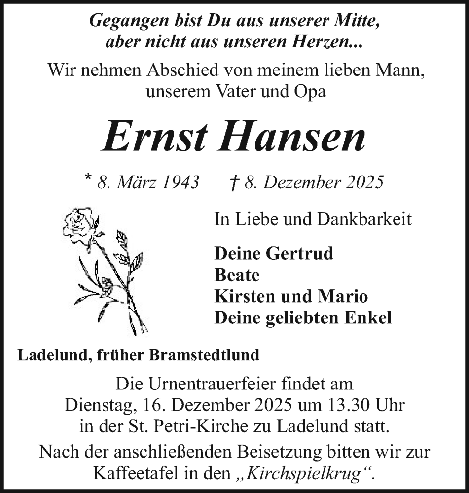  Traueranzeige für Ernst Hansen vom 11.12.2025 aus Region Flensburg