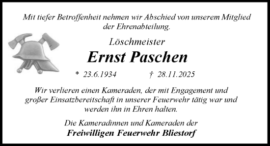 Traueranzeige von Ernst Paschen von MARKT Ratzeburg/Mölln