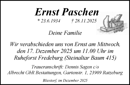 Traueranzeige von Ernst Paschen von MARKT Ratzeburg/Mölln