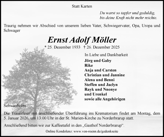 Traueranzeige von Ernst Adolf Möller von Flensburger Tageblatt, Schleswiger Nachrichten, Schlei-Bote