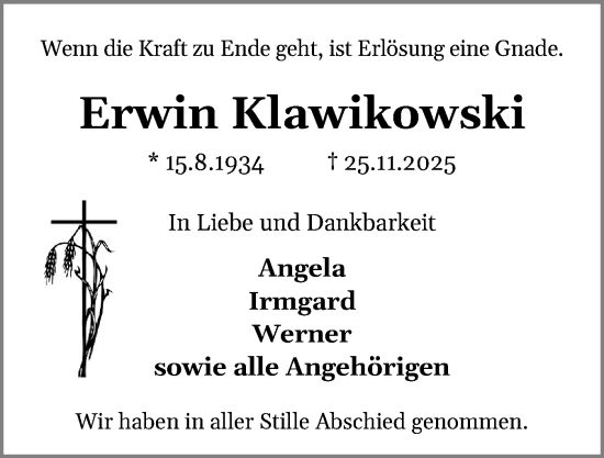 Traueranzeige von Erwin Klawikowski von Schleswiger Nachrichten, Schlei-Bote