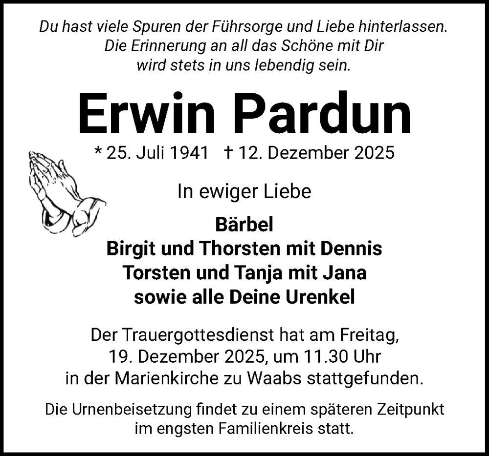  Traueranzeige für Erwin Pardun vom 20.12.2025 aus Hallo Eckernförde