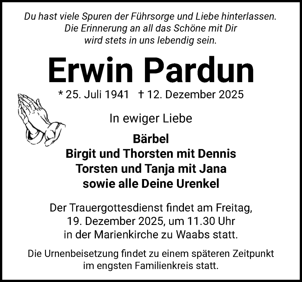  Traueranzeige für Erwin Pardun vom 17.12.2025 aus Eckernförder Zeitung