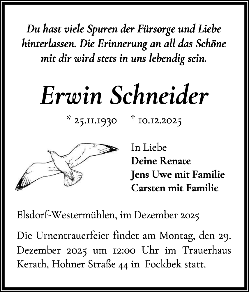  Traueranzeige für Erwin Schneider vom 20.12.2025 aus Schleswig-Holsteinische Landeszeitung