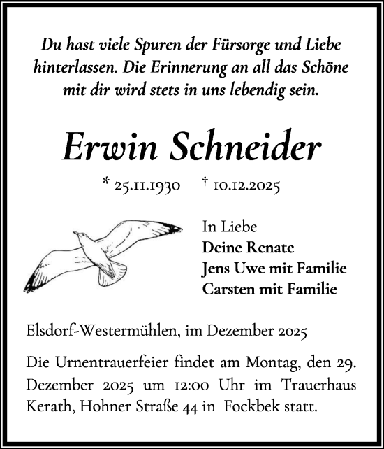 Traueranzeige von Erwin Schneider von Schleswig-Holsteinische Landeszeitung