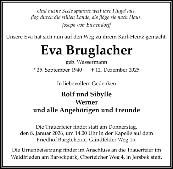 Traueranzeige von Eva Bruglacher von MARKT Ahrensburg/Bargteheide/Trittau und Stormarner Tageblatt