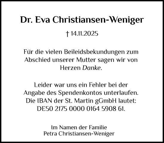 Traueranzeige von Eva Christiansen-Weniger von Eckernförder Zeitung, Hallo Eckernförde