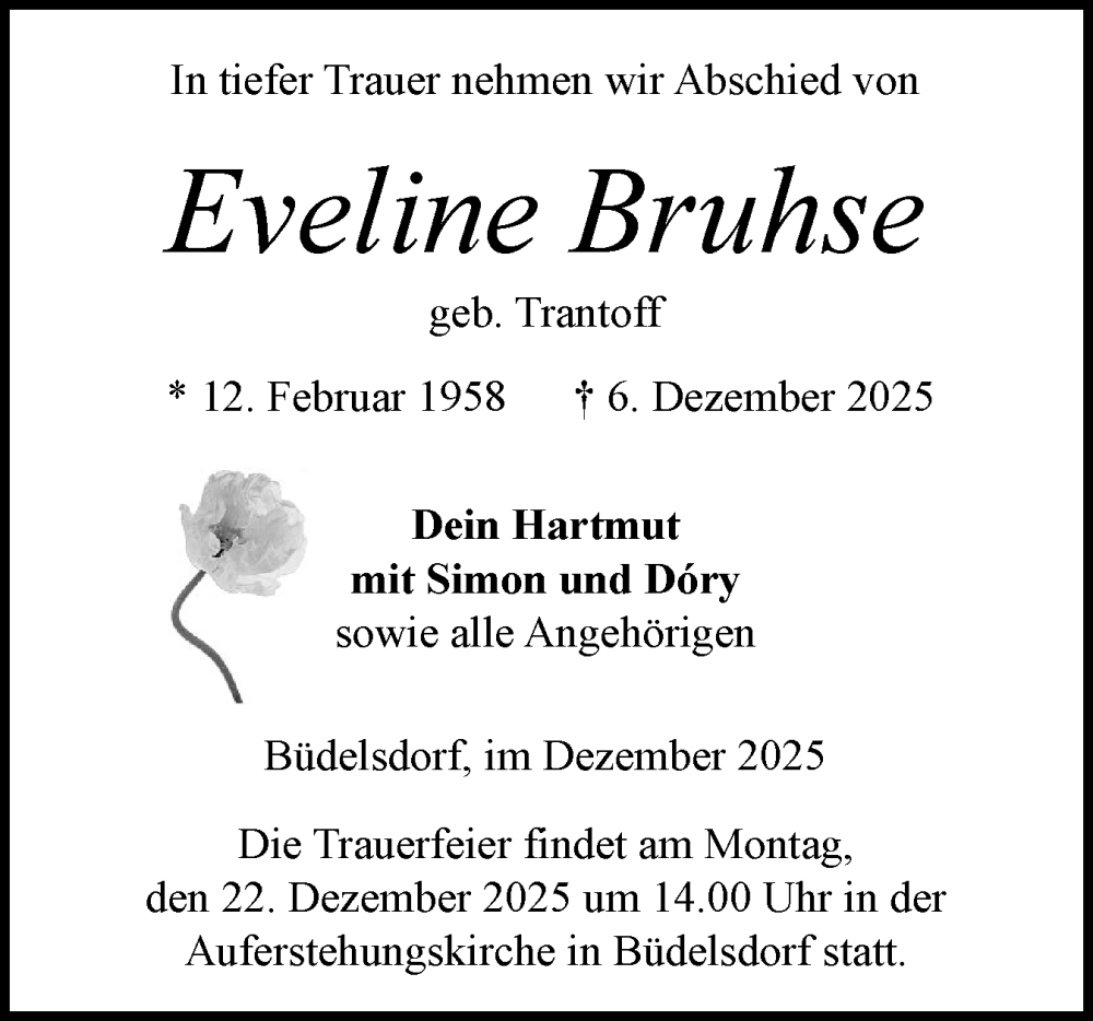 Traueranzeige für Eveline Bruhse vom 13.12.2025 aus Schleswig-Holsteinische Landeszeitung