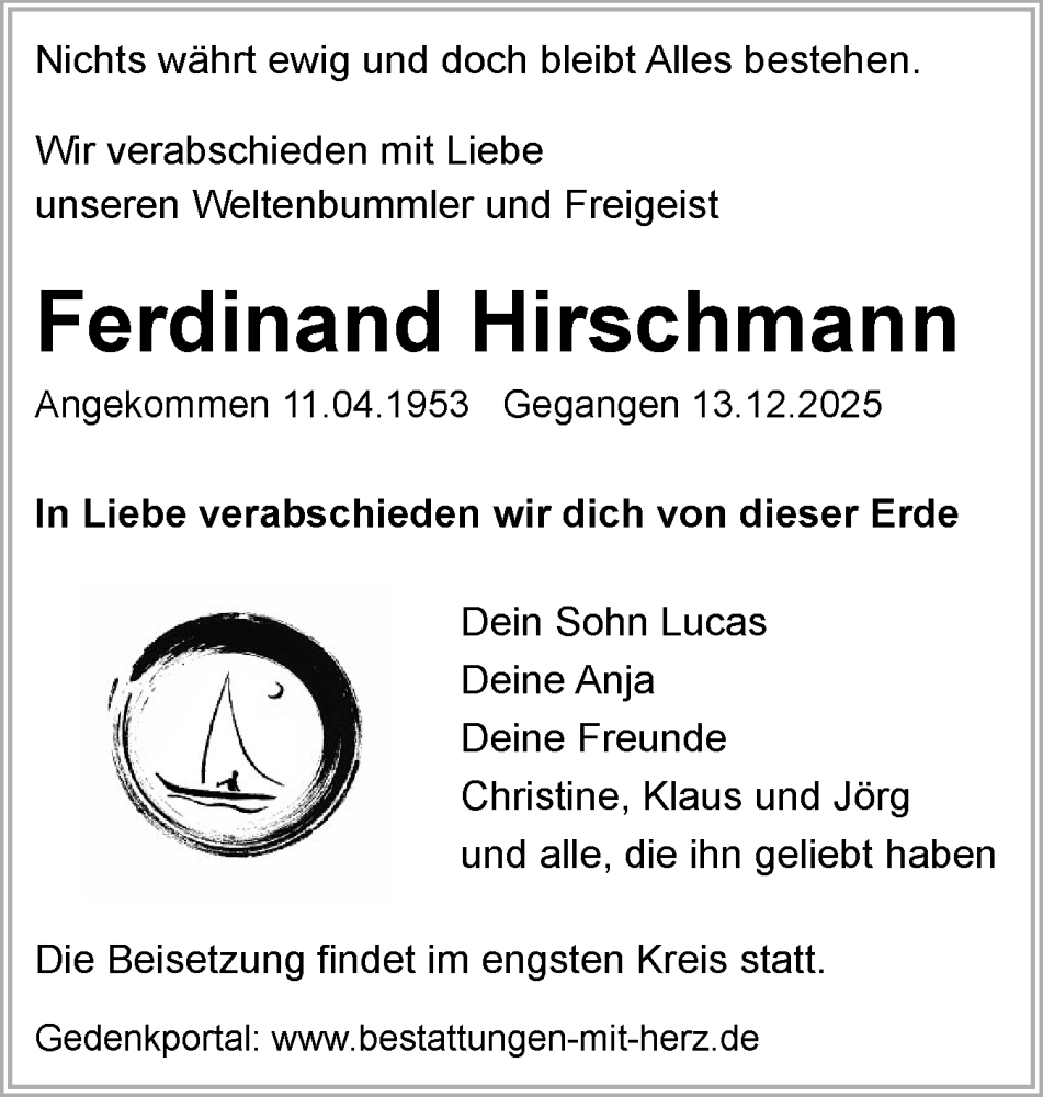  Traueranzeige für Ferdinand Hirschmann vom 27.12.2025 aus Eckernförder Zeitung, Hallo Eckernförde