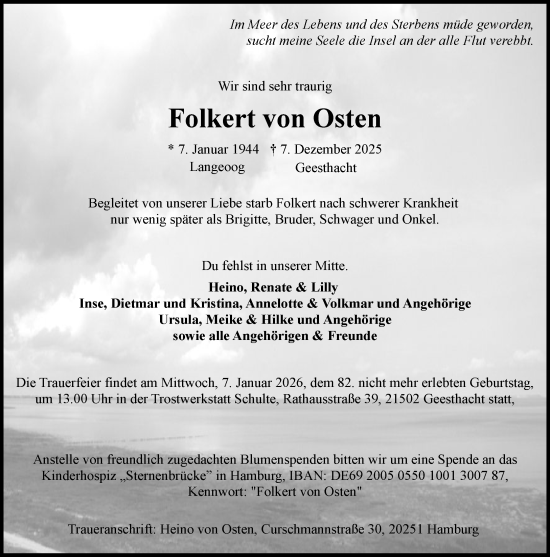 Traueranzeige von Folkert von Osten von Wochenend Anzeiger