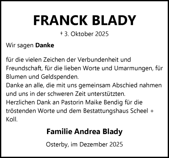 Traueranzeige von Franck Blady von Eckernförder Zeitung, Hallo Eckernförde