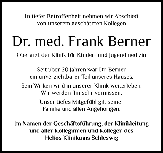 Traueranzeige von Frank Berner von Schleswiger Nachrichten, Schlei-Bote