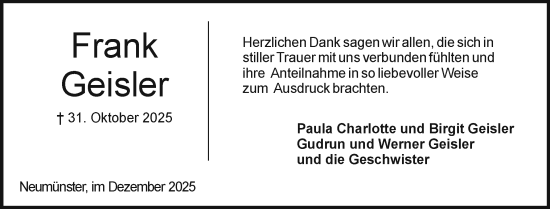 Traueranzeige von Frank Geisler von Holsteinischer Courier