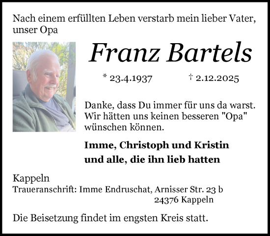 Traueranzeige von Franz Bartels von Schleswiger Nachrichten, Schlei-Bote