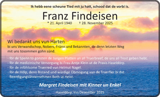 Traueranzeige von Franz Findeisen von Uetersener Nachrichten, Der tip am Wochenende