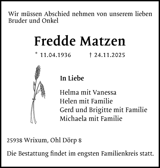 Traueranzeige von Fredde Matzen von Der Insel-Bote