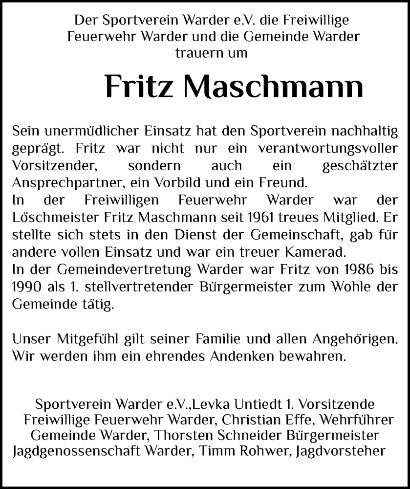  Traueranzeige für Fritz Maschmann vom 24.12.2025 aus Schleswig-Holsteinische Landeszeitung