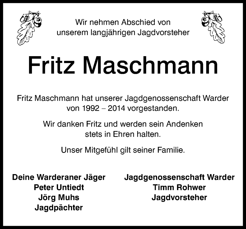  Traueranzeige für Fritz Maschmann vom 24.12.2025 aus Schleswig-Holsteinische Landeszeitung