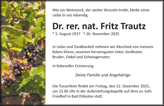 Traueranzeige von Fritz Trautz von MARKT Bad Oldesloe/Reinfeld und Stormarner Tageblatt