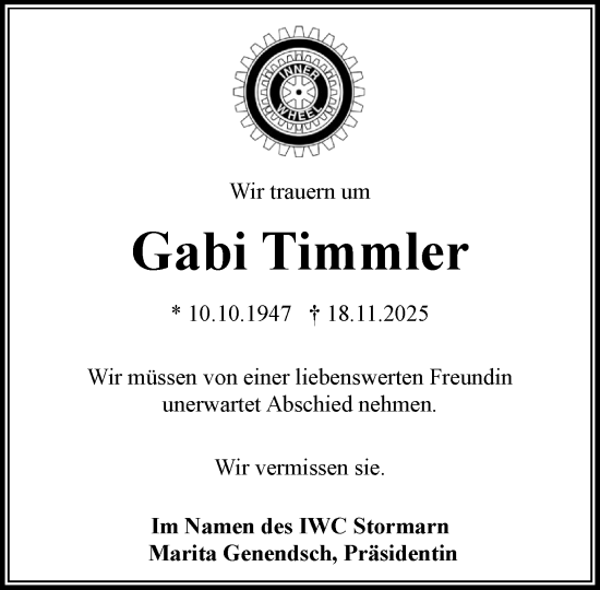 Traueranzeige von Gabi Timmler von MARKT Bad Oldesloe/Reinfeld und Stormarner Tageblatt