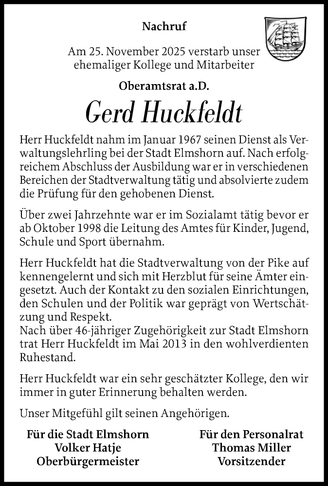  Traueranzeige für Gerd Huckfeldt vom 06.12.2025 aus Elmshorner Nachrichten, Barmstedter Zeitung