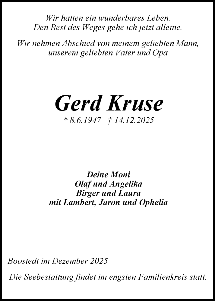  Traueranzeige für Gerd Kruse vom 20.12.2025 aus Holsteinischer Courier