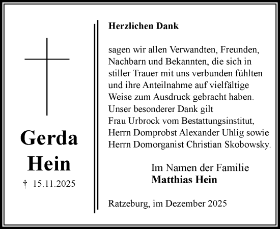 Traueranzeige von Gerda Hein von MARKT Ratzeburg/Mölln
