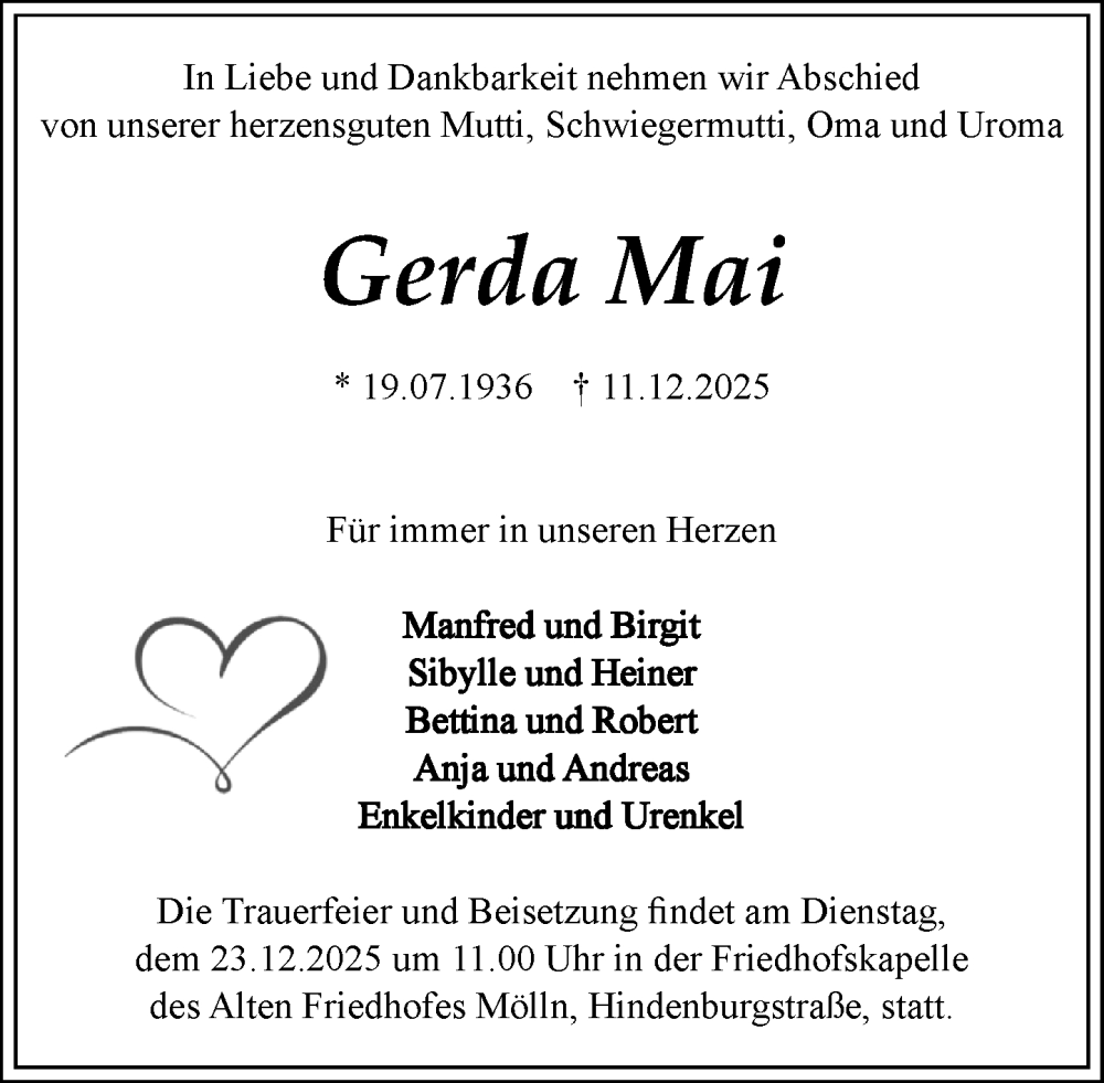  Traueranzeige für Gerda Mai vom 20.12.2025 aus MARKT Ratzeburg/Mölln