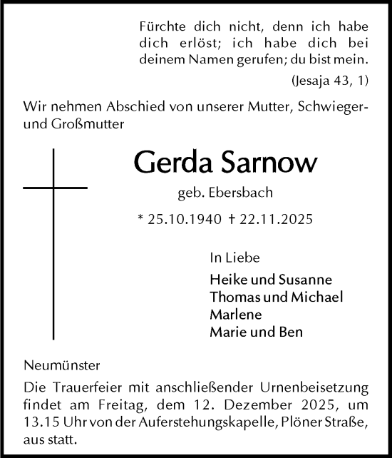 Traueranzeige von Gerda Sarnow von Holsteinischer Courier
