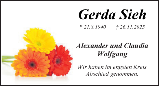 Traueranzeige von Gerda Sieh von MARKT Ratzeburg/Mölln