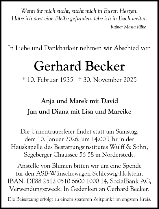Traueranzeige von Gerhard Becker von Heimatspiegel