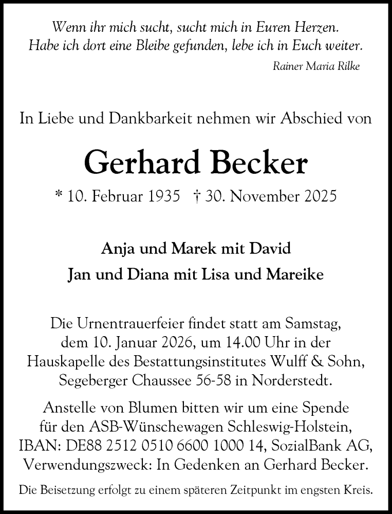  Traueranzeige für Gerhard Becker vom 13.12.2025 aus Heimatspiegel