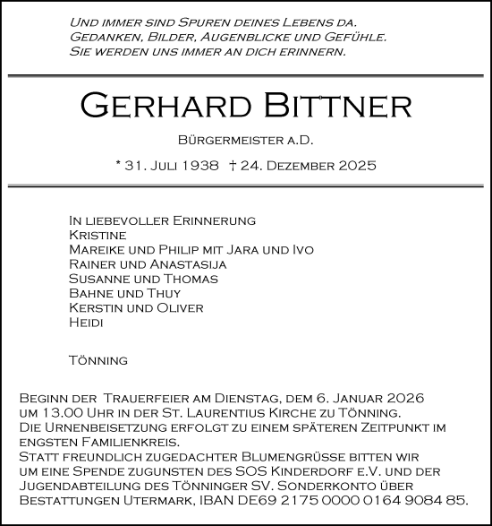 Traueranzeige von Gerhard Bittner von Husumer Nachrichten, Nordfriesland Tageblatt