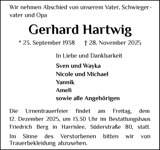 Traueranzeige von Gerhard Hartwig von Flensburger Tageblatt