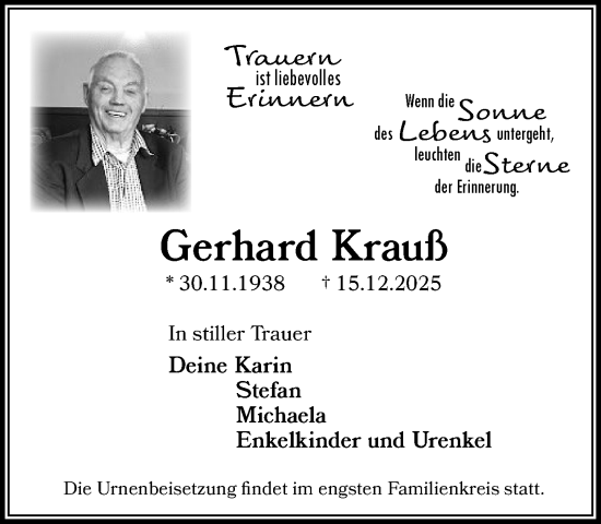 Traueranzeige von Gerhard Krauß von MARKT Ahrensburg/Bargteheide/Trittau und Stormarner Tageblatt