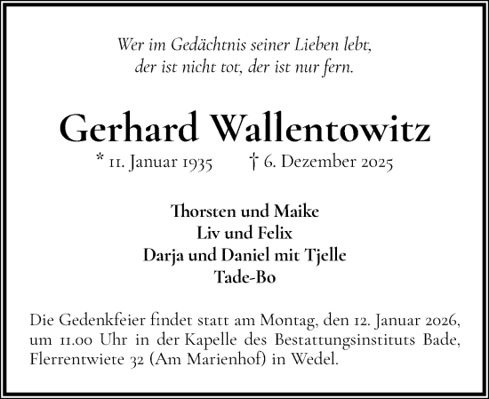 Traueranzeige von Gerhard Wallentowitz von Wedel-Schulauer Tageblatt, tip Wedel-Schulauer Tageblatt, tip Rissener Rundschau