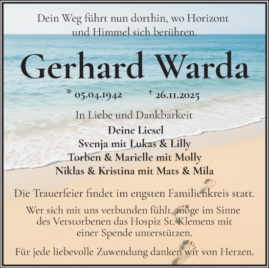 Traueranzeige von Gerhard Warda von Norddeutsche Rundschau, Wilstersche Zeitung, Glückstädter Fortuna