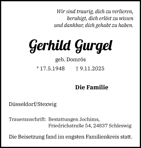 Traueranzeige von Gerhild Gurgel von Schleswiger Nachrichten, Schlei-Bote