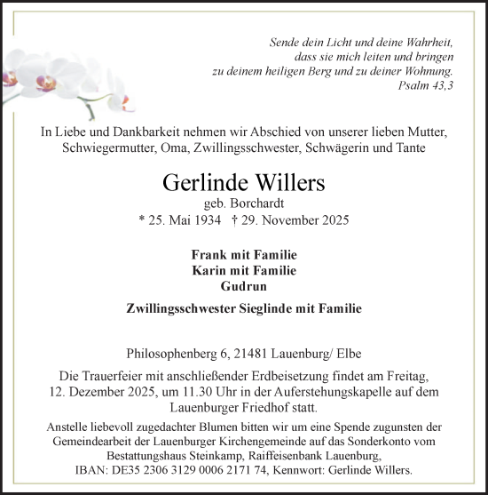 Traueranzeige von Gerlinde Willers von Wochenend Anzeiger