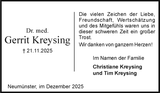 Traueranzeige von Gerrit Kreysing von Holsteinischer Courier