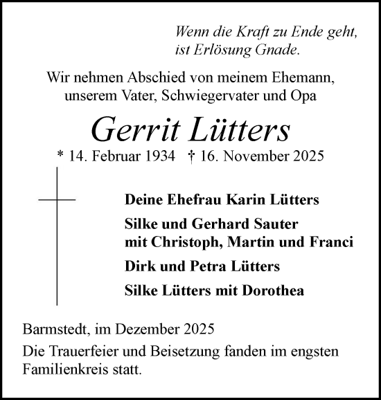 Traueranzeige von Gerrit Lütters von Elmshorner Nachrichten, Barmstedter Zeitung