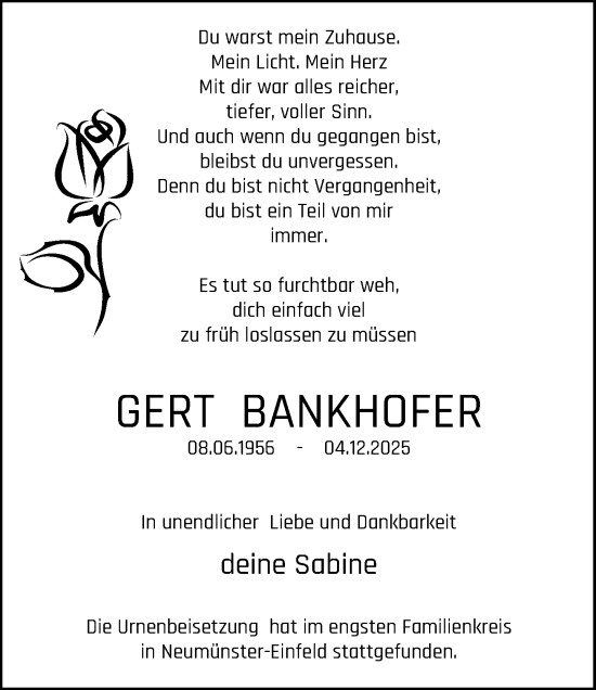 Traueranzeige von Gert Bankhofer von MARKT Ahrensburg/Bargteheide/Trittau und Stormarner Tageblatt