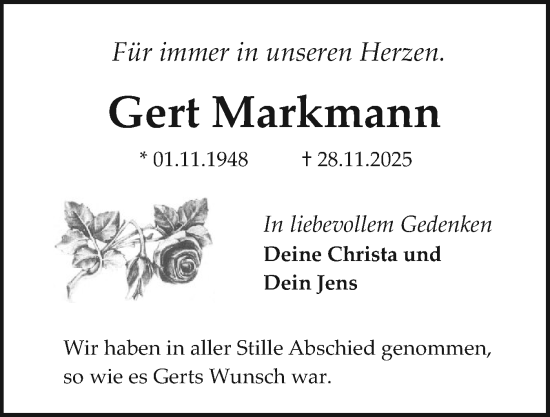 Traueranzeige von Gert Markmann von Sylter Rundschau