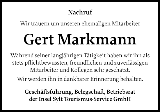 Traueranzeige von Gert Markmann von Sylter Rundschau