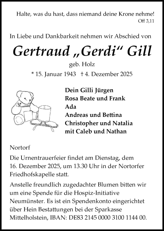 Traueranzeige von Gertraud Gill von Schleswig-Holsteinische Landeszeitung