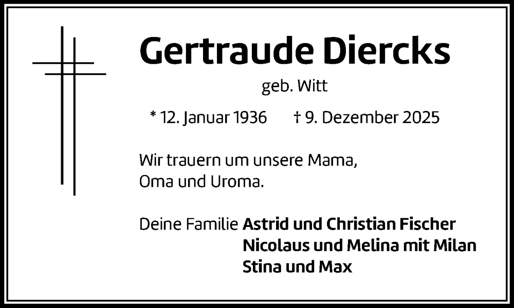  Traueranzeige für Gertraude Diercks vom 20.12.2025 aus MARKT Ratzeburg/Mölln