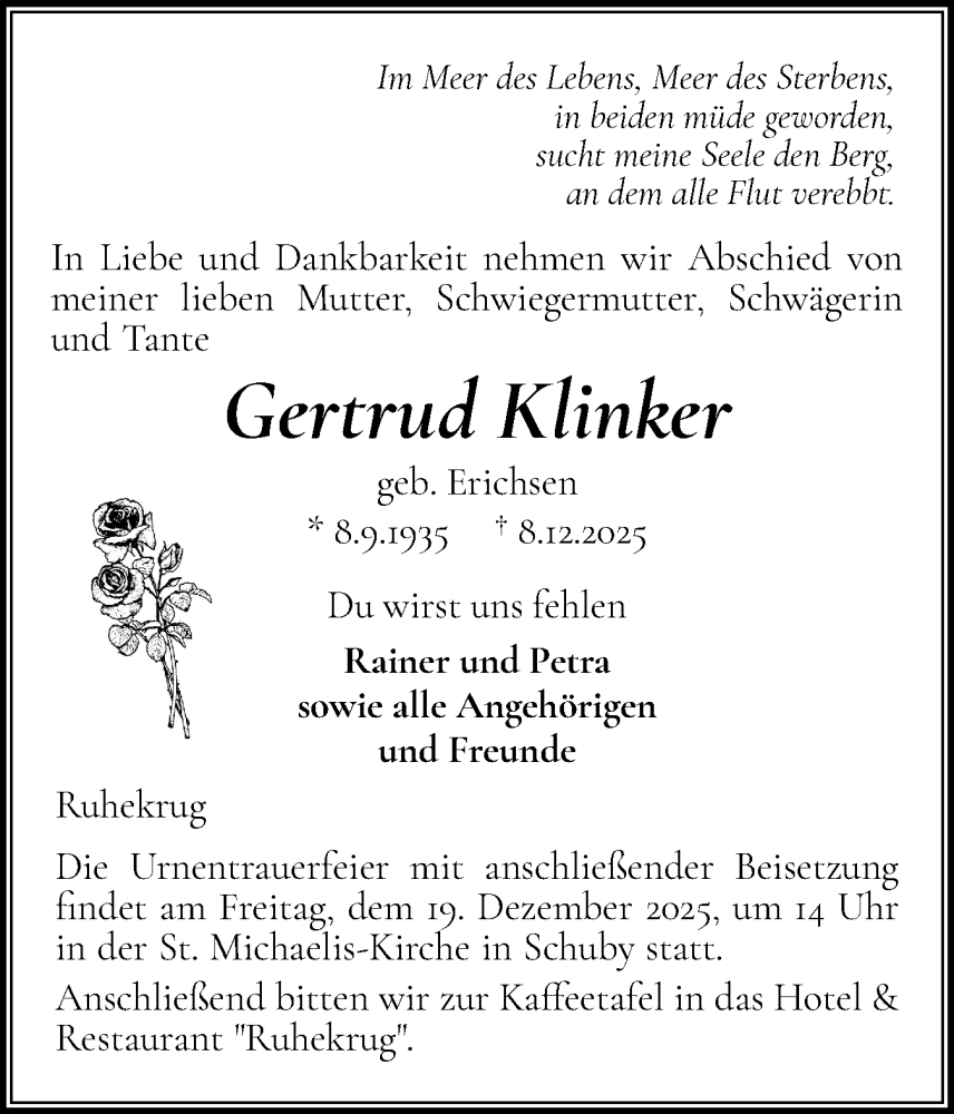  Traueranzeige für Gertrud Klinker vom 13.12.2025 aus Schleswiger Nachrichten, Schlei-Bote