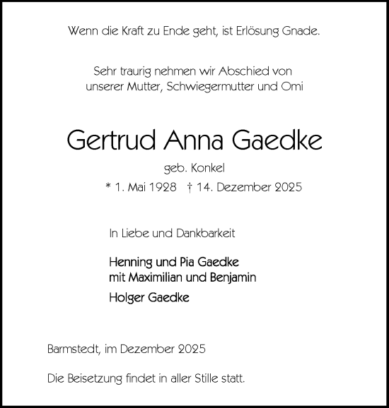 Traueranzeige von Gertrud Anna Gaedke von Elmshorner Nachrichten, Barmstedter Zeitung