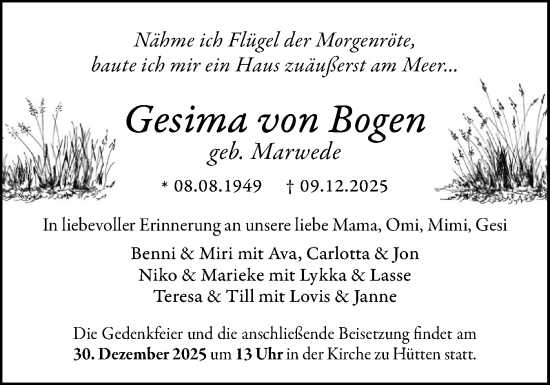 Traueranzeige von Gesima von Bogen von Eckernförder Zeitung